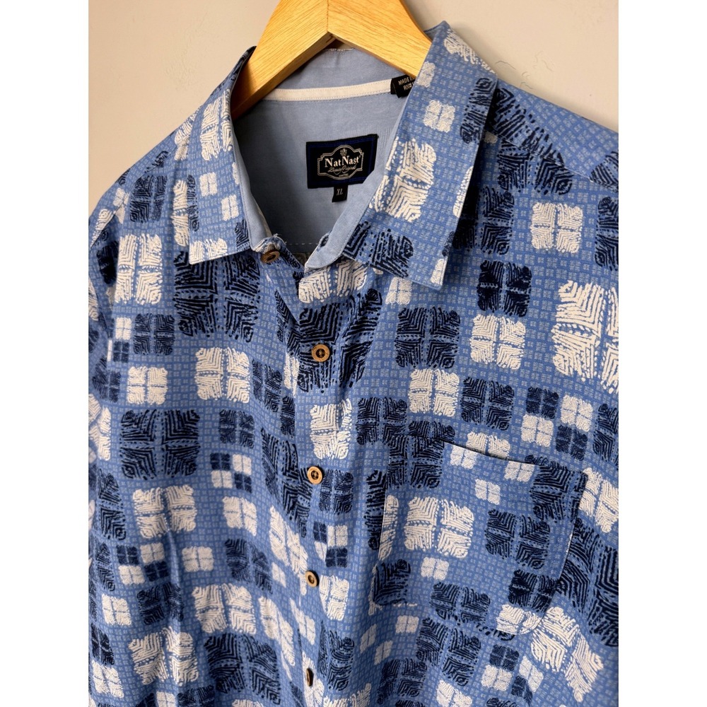Nat Nast Mens XL Silk Cotton Blue Geometric Tile Print Short Sleeve Button Shirt